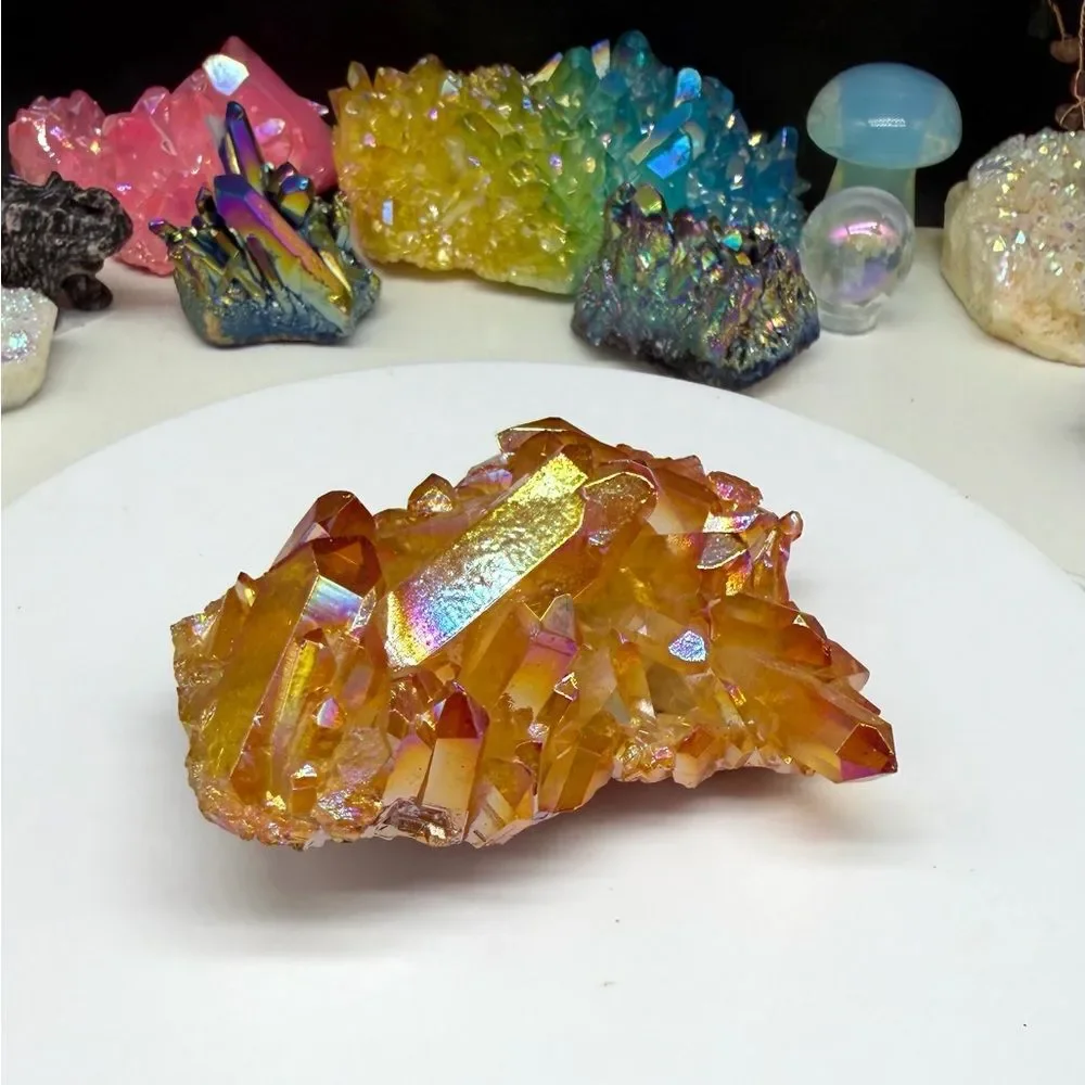 Amber Aura Quartz Crystal Cluster Orange Clear AB Aurora Iridescent Stone